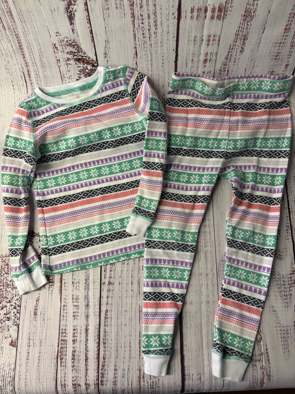 Cuddl Duds Kids Multicolor Fair Isle Pajama Set with Green and Purple Stripes